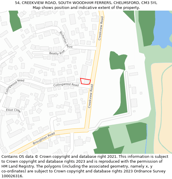 54, CREEKVIEW ROAD, SOUTH WOODHAM FERRERS, CHELMSFORD, CM3 5YL: Location map and indicative extent of plot