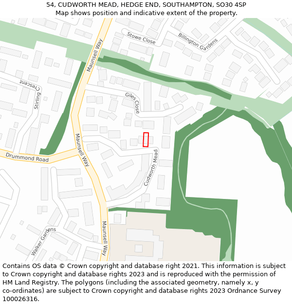 54, CUDWORTH MEAD, HEDGE END, SOUTHAMPTON, SO30 4SP: Location map and indicative extent of plot