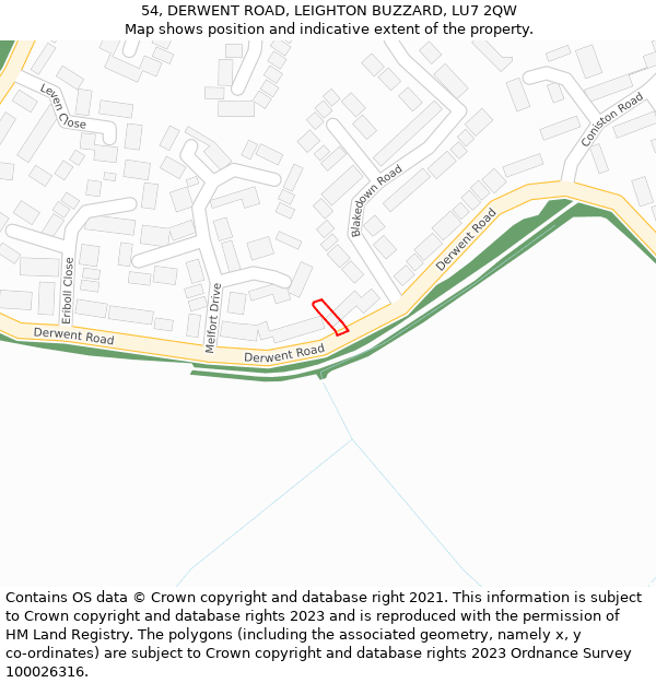 54, DERWENT ROAD, LEIGHTON BUZZARD, LU7 2QW: Location map and indicative extent of plot