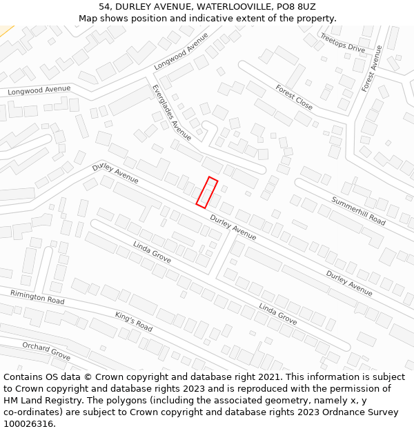 54, DURLEY AVENUE, WATERLOOVILLE, PO8 8UZ: Location map and indicative extent of plot