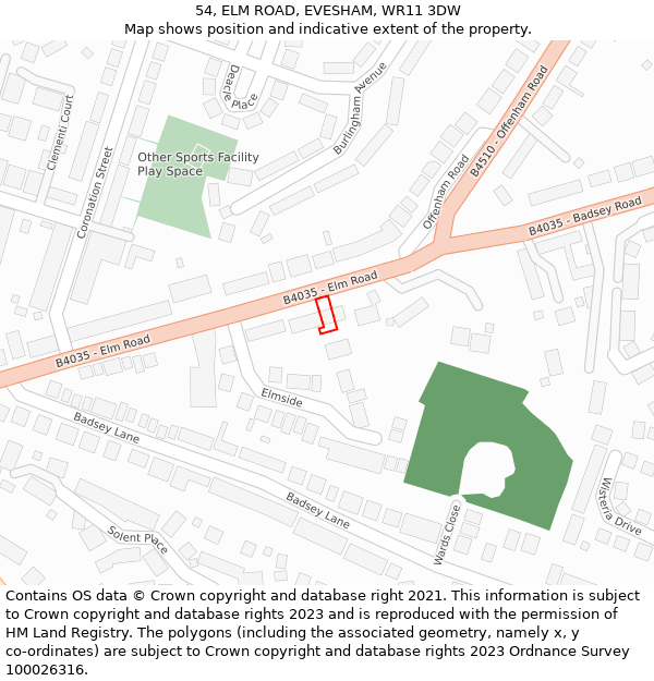 54, ELM ROAD, EVESHAM, WR11 3DW: Location map and indicative extent of plot