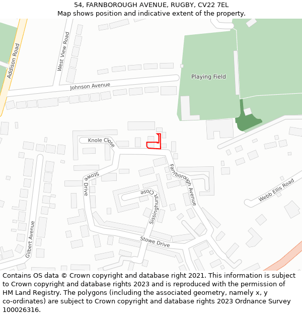 54, FARNBOROUGH AVENUE, RUGBY, CV22 7EL: Location map and indicative extent of plot