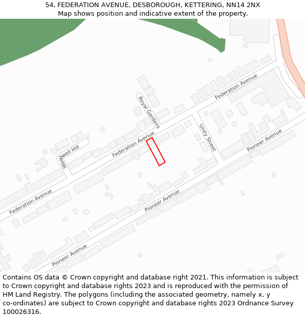 54, FEDERATION AVENUE, DESBOROUGH, KETTERING, NN14 2NX: Location map and indicative extent of plot