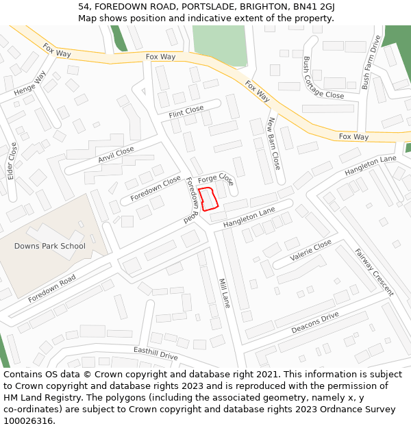 54, FOREDOWN ROAD, PORTSLADE, BRIGHTON, BN41 2GJ: Location map and indicative extent of plot