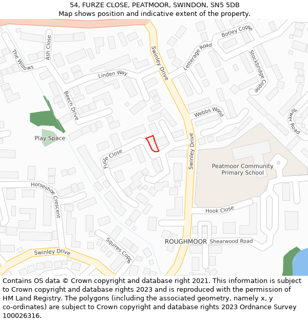 54, FURZE CLOSE, PEATMOOR, SWINDON, SN5 5DB: Location map and indicative extent of plot