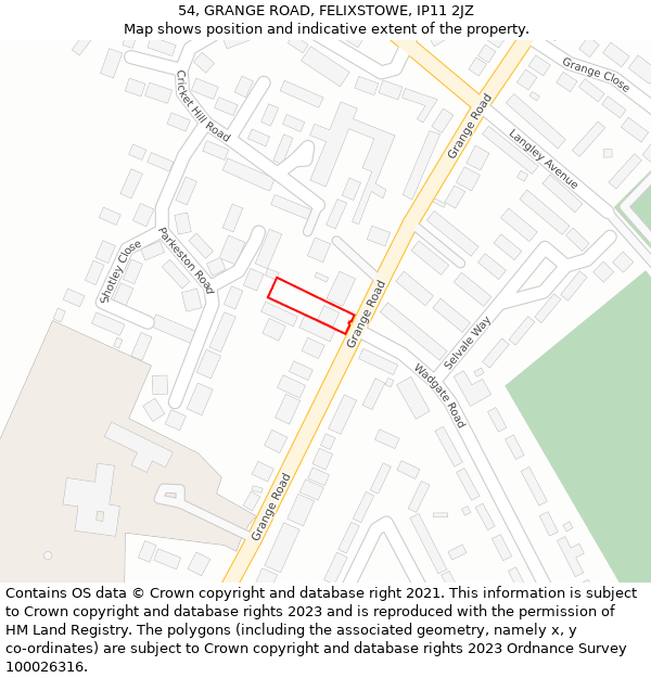 54, GRANGE ROAD, FELIXSTOWE, IP11 2JZ: Location map and indicative extent of plot