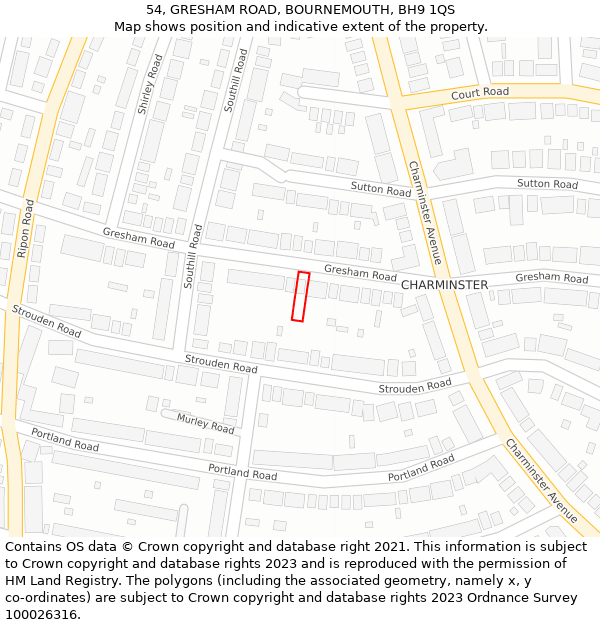 54, GRESHAM ROAD, BOURNEMOUTH, BH9 1QS: Location map and indicative extent of plot