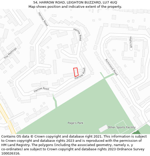 54, HARROW ROAD, LEIGHTON BUZZARD, LU7 4UQ: Location map and indicative extent of plot