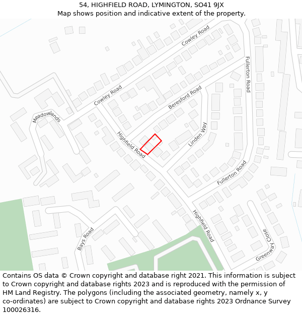 54, HIGHFIELD ROAD, LYMINGTON, SO41 9JX: Location map and indicative extent of plot