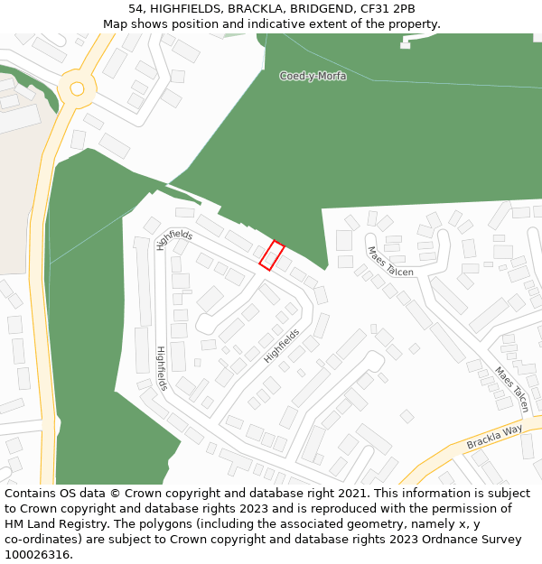 54, HIGHFIELDS, BRACKLA, BRIDGEND, CF31 2PB: Location map and indicative extent of plot