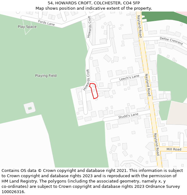 54, HOWARDS CROFT, COLCHESTER, CO4 5FP: Location map and indicative extent of plot
