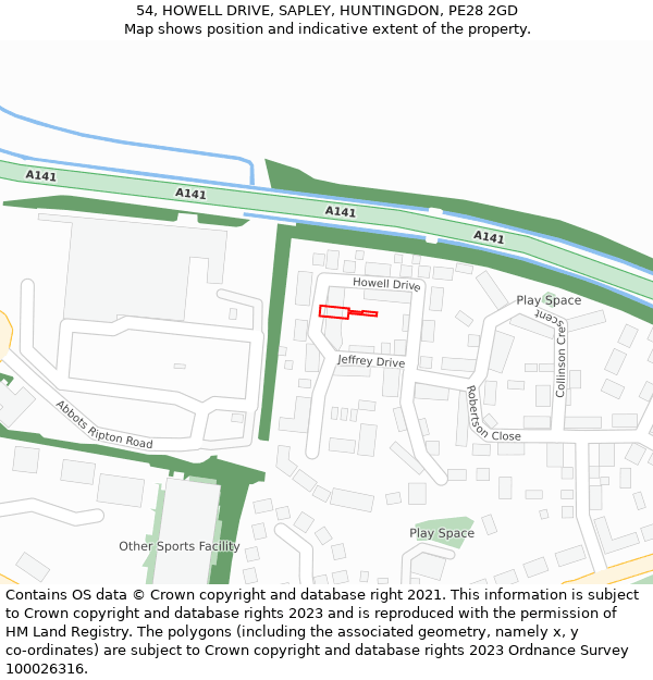 54, HOWELL DRIVE, SAPLEY, HUNTINGDON, PE28 2GD: Location map and indicative extent of plot