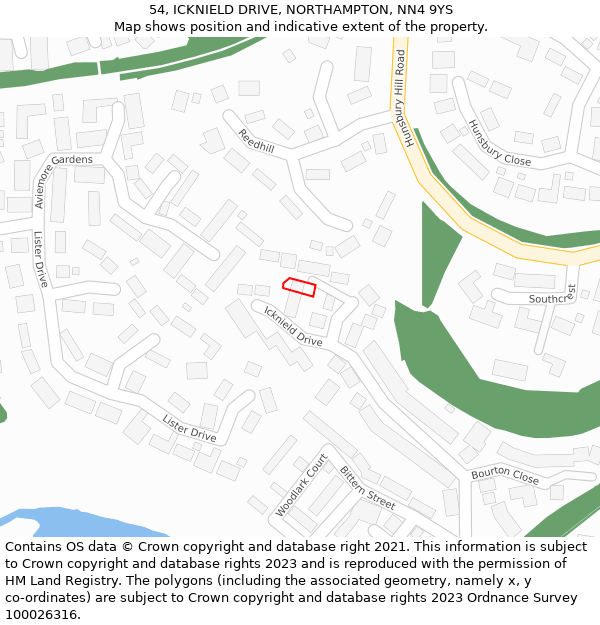 54, ICKNIELD DRIVE, NORTHAMPTON, NN4 9YS: Location map and indicative extent of plot