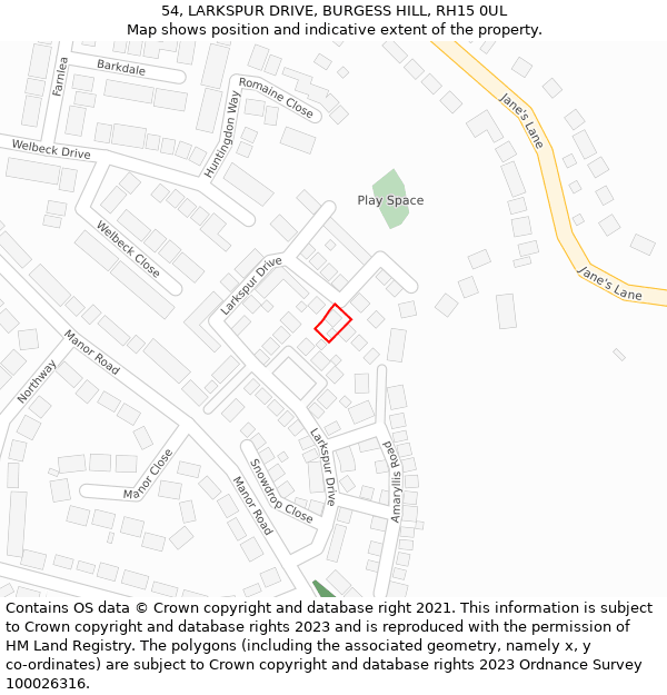 54, LARKSPUR DRIVE, BURGESS HILL, RH15 0UL: Location map and indicative extent of plot