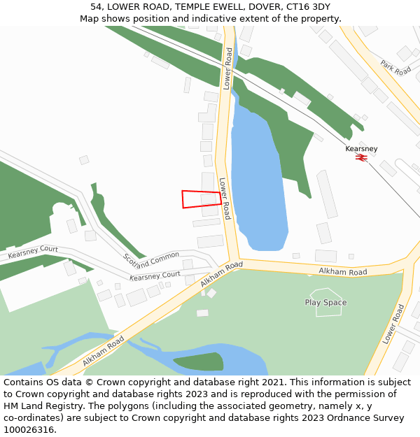 54, LOWER ROAD, TEMPLE EWELL, DOVER, CT16 3DY: Location map and indicative extent of plot