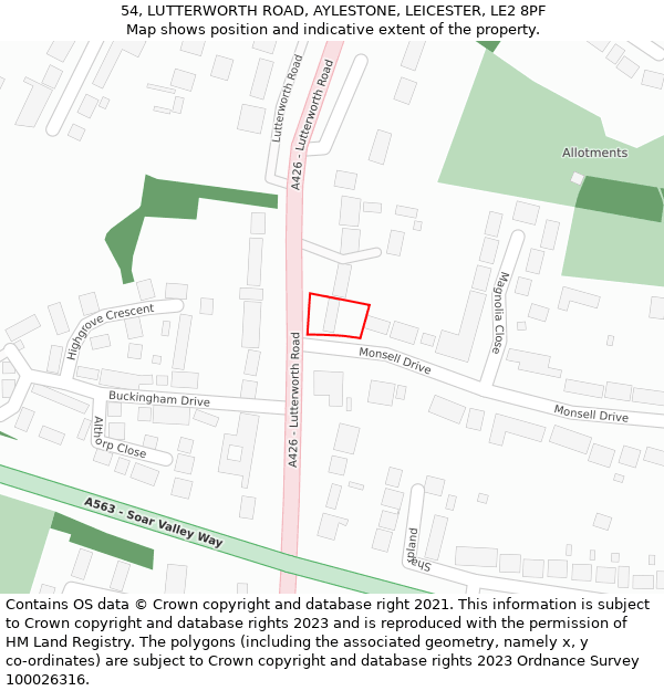 54, LUTTERWORTH ROAD, AYLESTONE, LEICESTER, LE2 8PF: Location map and indicative extent of plot