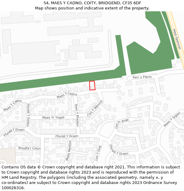 54, MAES Y CADNO, COITY, BRIDGEND, CF35 6DF: Location map and indicative extent of plot