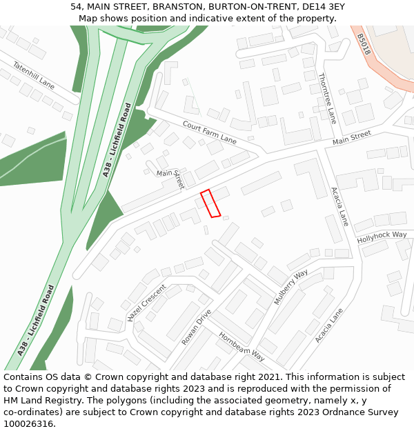54, MAIN STREET, BRANSTON, BURTON-ON-TRENT, DE14 3EY: Location map and indicative extent of plot