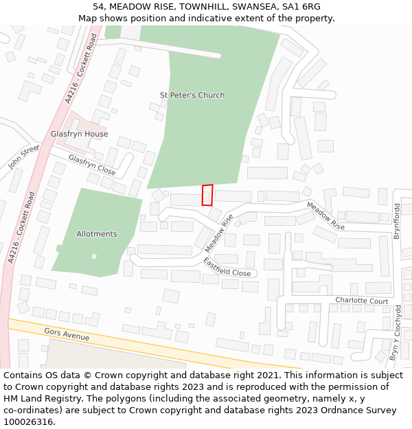 54, MEADOW RISE, TOWNHILL, SWANSEA, SA1 6RG: Location map and indicative extent of plot