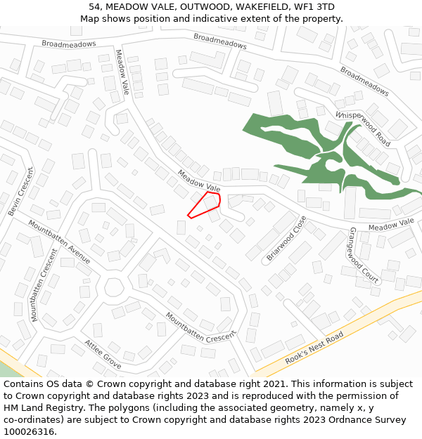 54, MEADOW VALE, OUTWOOD, WAKEFIELD, WF1 3TD: Location map and indicative extent of plot