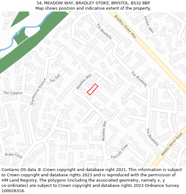 54, MEADOW WAY, BRADLEY STOKE, BRISTOL, BS32 8BP: Location map and indicative extent of plot