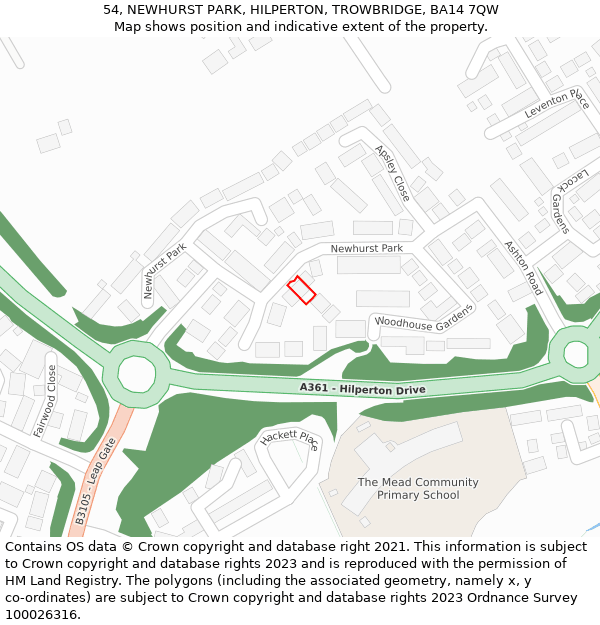 54, NEWHURST PARK, HILPERTON, TROWBRIDGE, BA14 7QW: Location map and indicative extent of plot