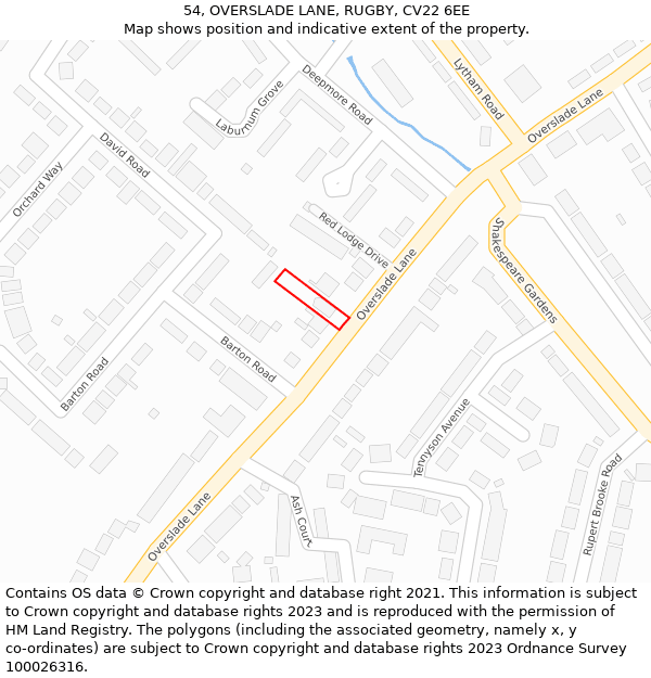 54, OVERSLADE LANE, RUGBY, CV22 6EE: Location map and indicative extent of plot