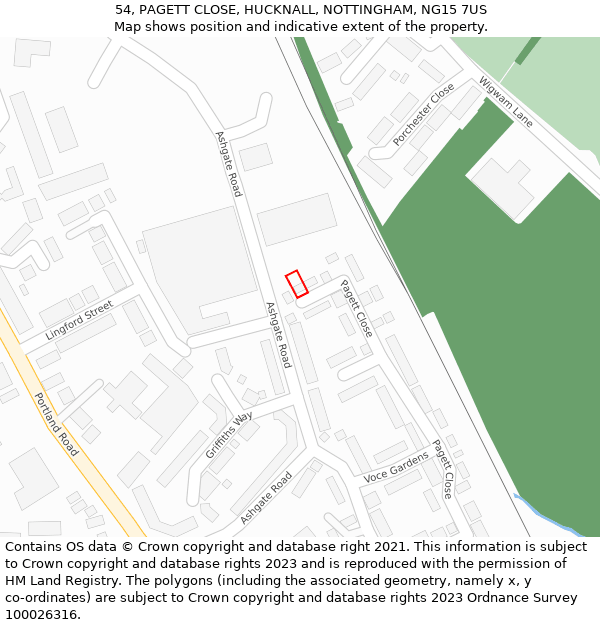 54, PAGETT CLOSE, HUCKNALL, NOTTINGHAM, NG15 7US: Location map and indicative extent of plot