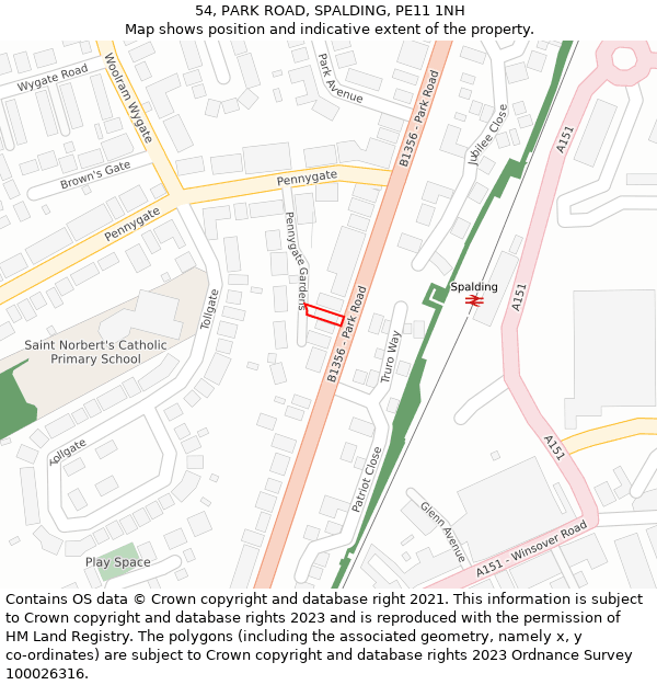 54, PARK ROAD, SPALDING, PE11 1NH: Location map and indicative extent of plot