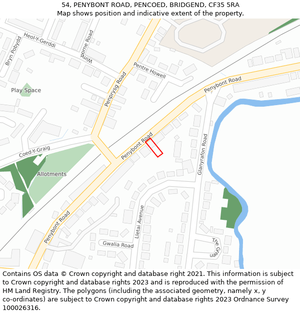 54, PENYBONT ROAD, PENCOED, BRIDGEND, CF35 5RA: Location map and indicative extent of plot