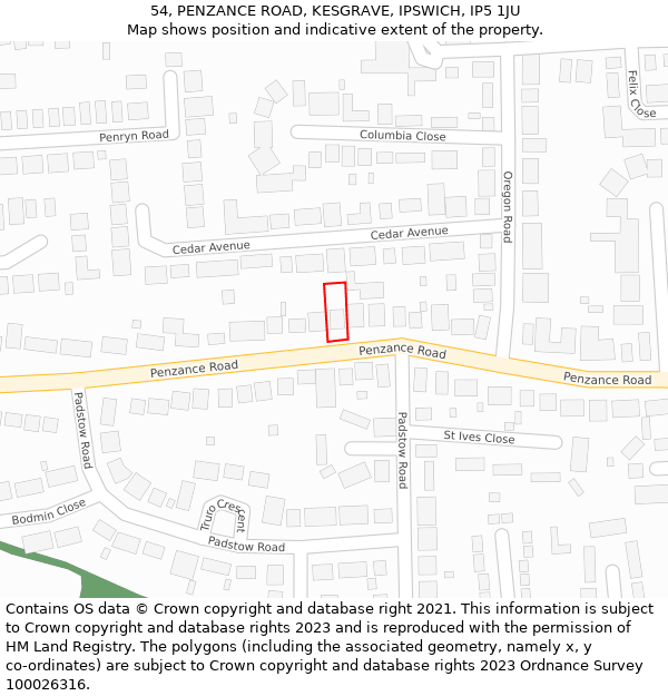 54, PENZANCE ROAD, KESGRAVE, IPSWICH, IP5 1JU: Location map and indicative extent of plot