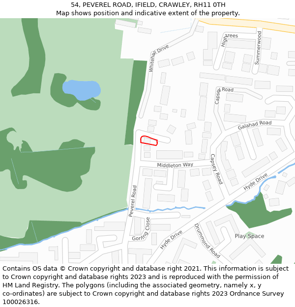 54, PEVEREL ROAD, IFIELD, CRAWLEY, RH11 0TH: Location map and indicative extent of plot