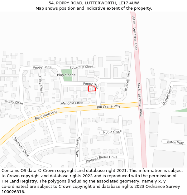 54, POPPY ROAD, LUTTERWORTH, LE17 4UW: Location map and indicative extent of plot