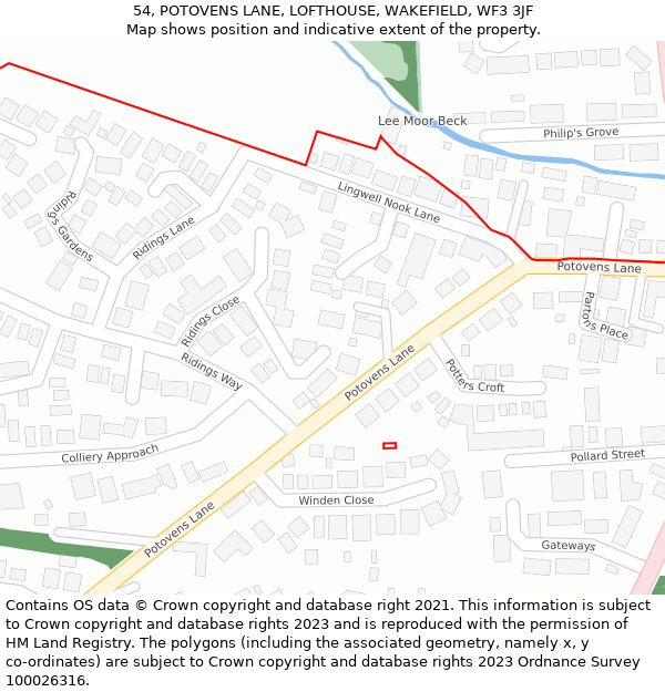 54, POTOVENS LANE, LOFTHOUSE, WAKEFIELD, WF3 3JF: Location map and indicative extent of plot