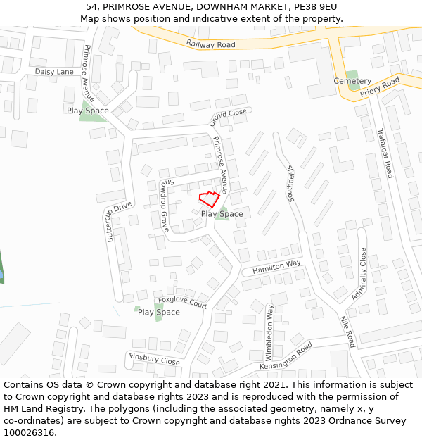 54, PRIMROSE AVENUE, DOWNHAM MARKET, PE38 9EU: Location map and indicative extent of plot