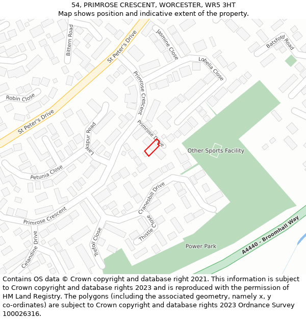 54, PRIMROSE CRESCENT, WORCESTER, WR5 3HT: Location map and indicative extent of plot