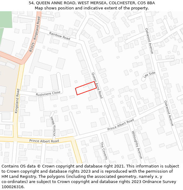 54, QUEEN ANNE ROAD, WEST MERSEA, COLCHESTER, CO5 8BA: Location map and indicative extent of plot