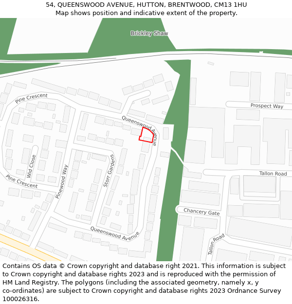 54, QUEENSWOOD AVENUE, HUTTON, BRENTWOOD, CM13 1HU: Location map and indicative extent of plot