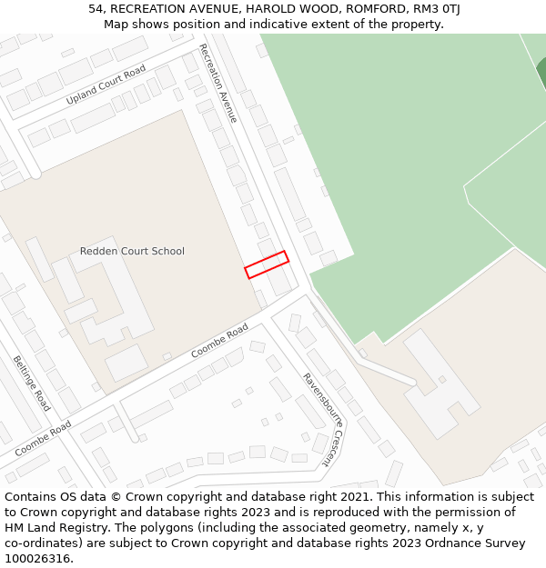54, RECREATION AVENUE, HAROLD WOOD, ROMFORD, RM3 0TJ: Location map and indicative extent of plot