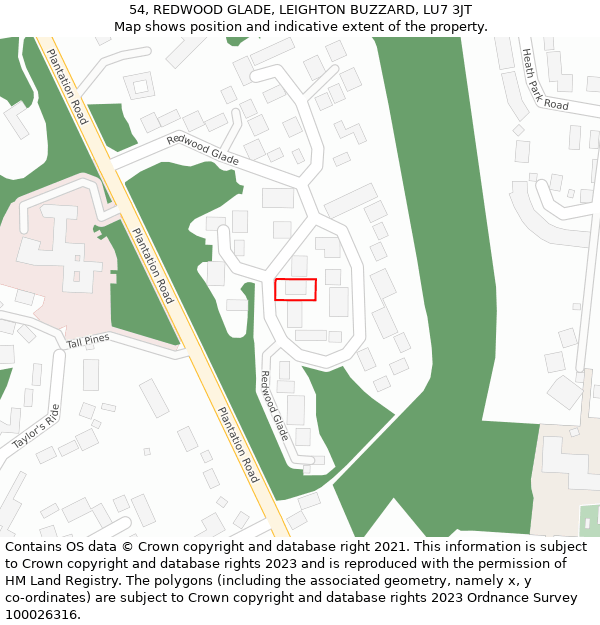 54, REDWOOD GLADE, LEIGHTON BUZZARD, LU7 3JT: Location map and indicative extent of plot