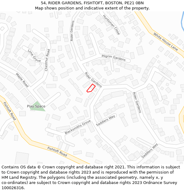 54, RIDER GARDENS, FISHTOFT, BOSTON, PE21 0BN: Location map and indicative extent of plot