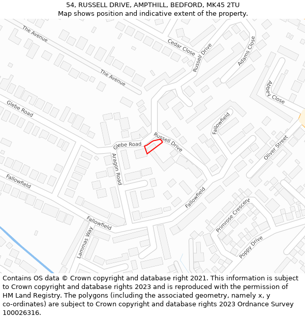 54, RUSSELL DRIVE, AMPTHILL, BEDFORD, MK45 2TU: Location map and indicative extent of plot