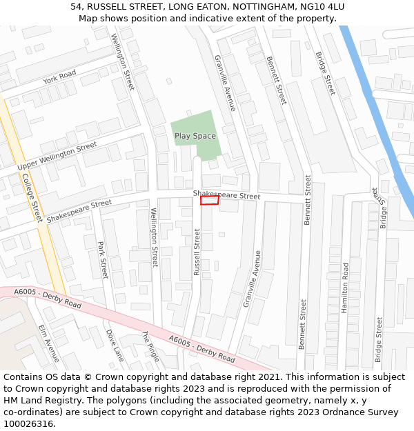 54, RUSSELL STREET, LONG EATON, NOTTINGHAM, NG10 4LU: Location map and indicative extent of plot