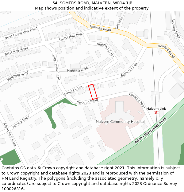 54, SOMERS ROAD, MALVERN, WR14 1JB: Location map and indicative extent of plot