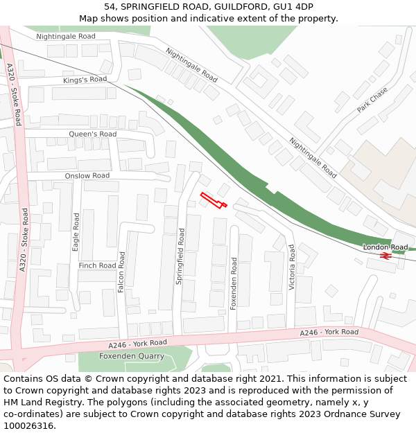 54, SPRINGFIELD ROAD, GUILDFORD, GU1 4DP: Location map and indicative extent of plot