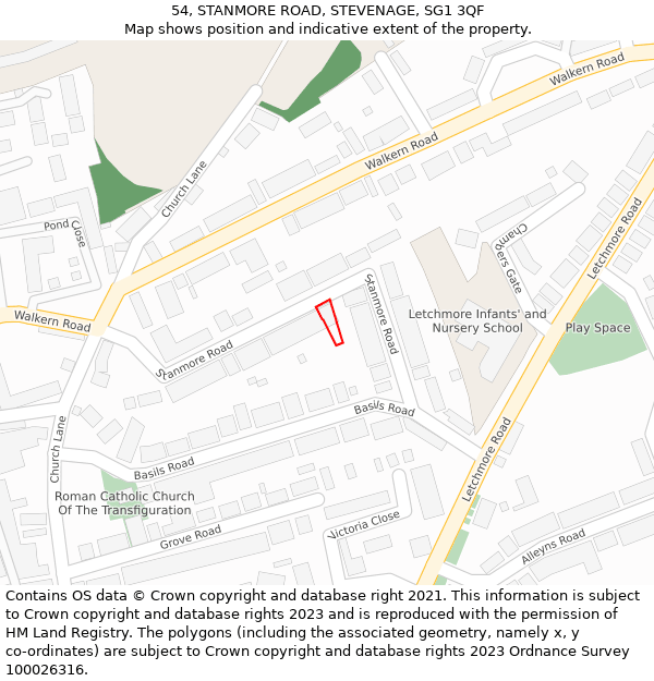 54, STANMORE ROAD, STEVENAGE, SG1 3QF: Location map and indicative extent of plot