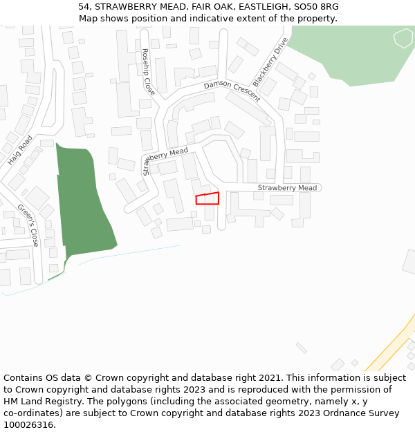 54, STRAWBERRY MEAD, FAIR OAK, EASTLEIGH, SO50 8RG: Location map and indicative extent of plot