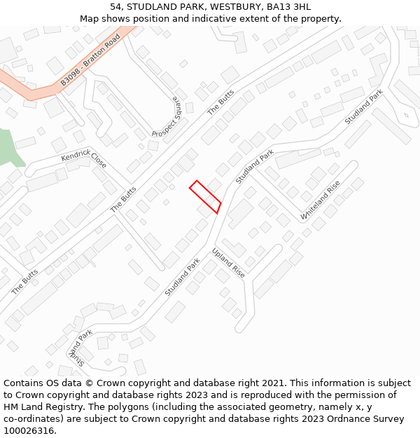 54, STUDLAND PARK, WESTBURY, BA13 3HL: Location map and indicative extent of plot