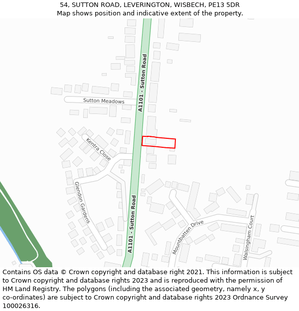 54, SUTTON ROAD, LEVERINGTON, WISBECH, PE13 5DR: Location map and indicative extent of plot