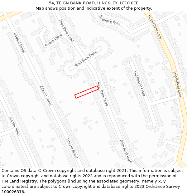 54, TEIGN BANK ROAD, HINCKLEY, LE10 0EE: Location map and indicative extent of plot